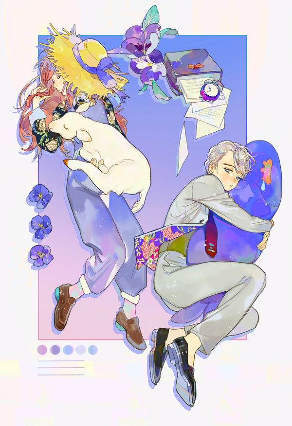 1boy, 1girl, alarm_clock, animal, arm_up, black_footwear, blue_eyes, blue_neckwear