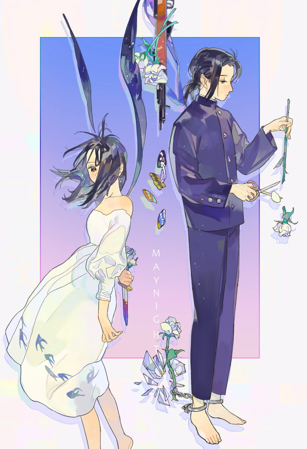 1boy, 1girl, barefoot, black_hair, black_jacket, black_pants, butterfly_wings, dress