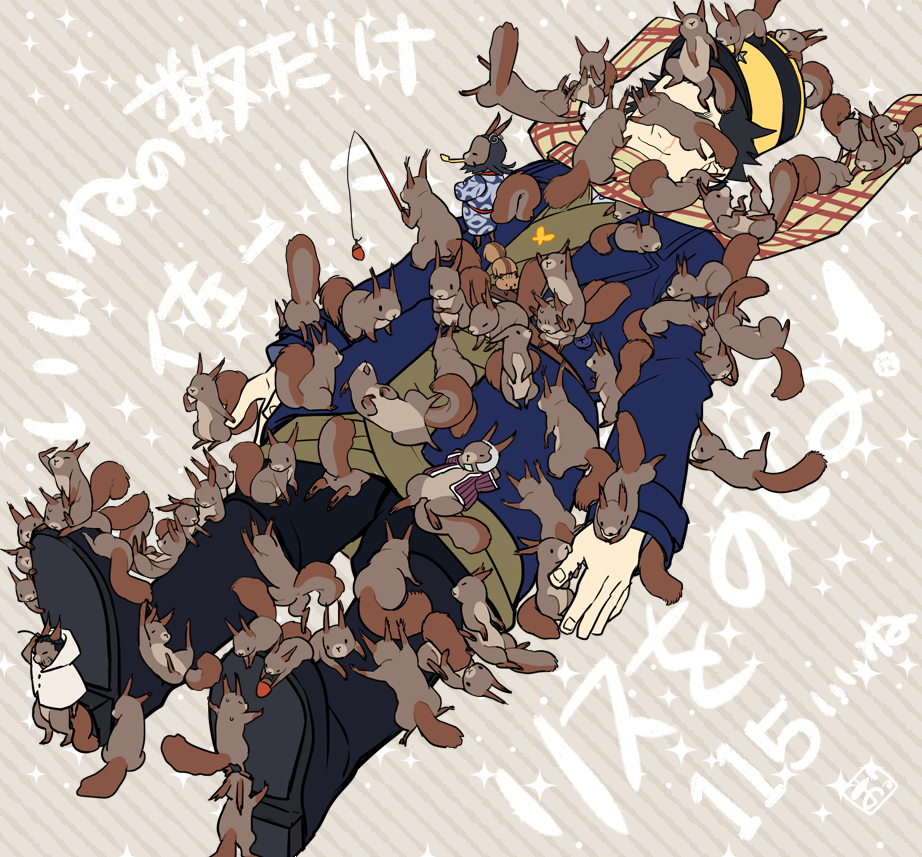 1boy, animal, animal_on_arm, animal_on_chest, animal_on_face, animal_on_hand, animal_on_head, animal_on_lap