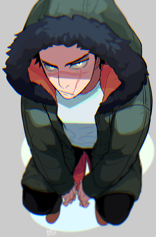 1boy, alternate_costume, black_hair, black_pants, blurry, casual, closed_mouth, commentary_request