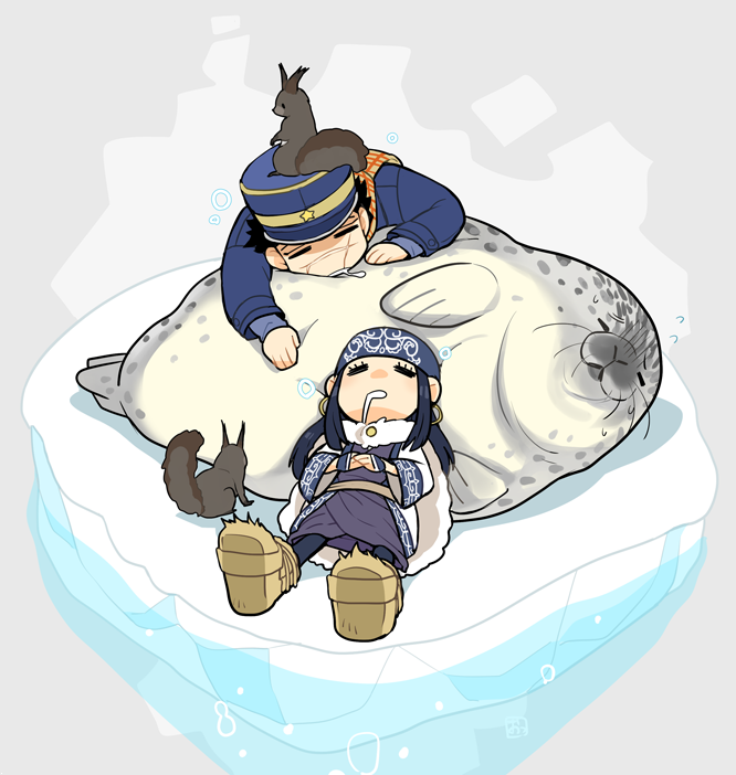 1boy, 1girl, ainu, ainu_clothes, animal, asirpa, bandana, black_hair