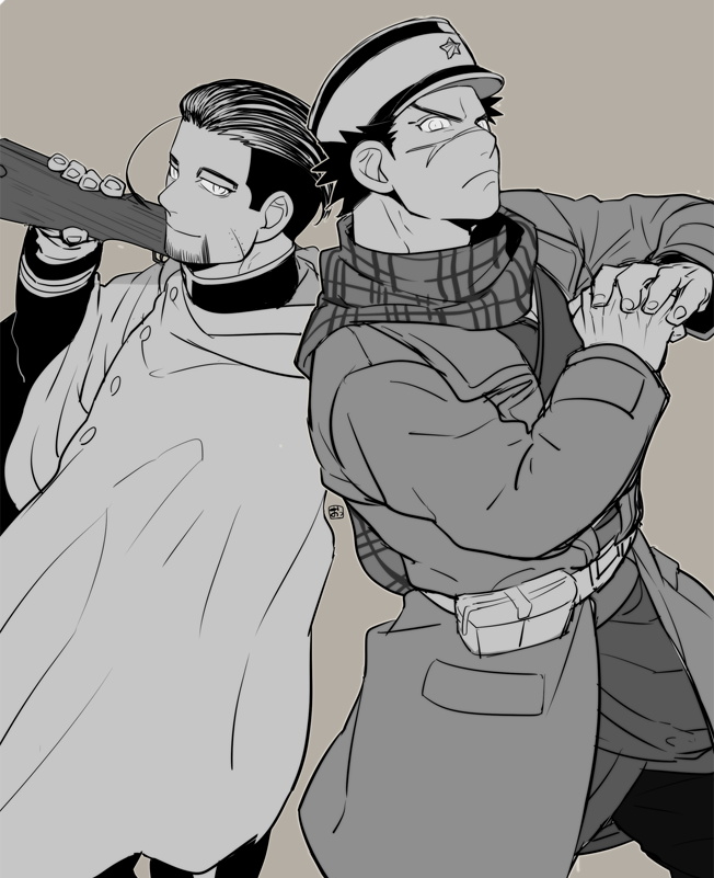 2boys, arisaka, belt, black_hair, black_jacket, black_pants, bolt_action, buttons