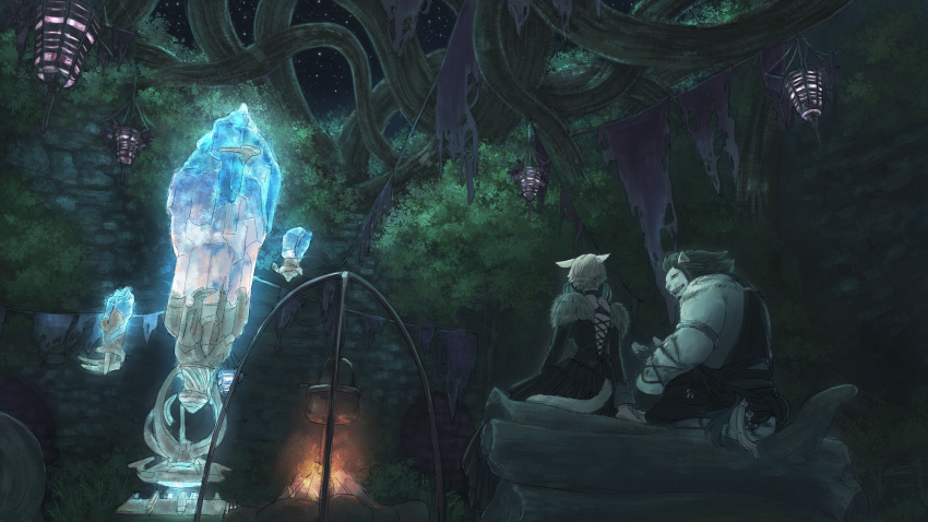 1boy, 1girl, animal_ears, arm_support, black_hair, campfire, cat_ears, cat_tail