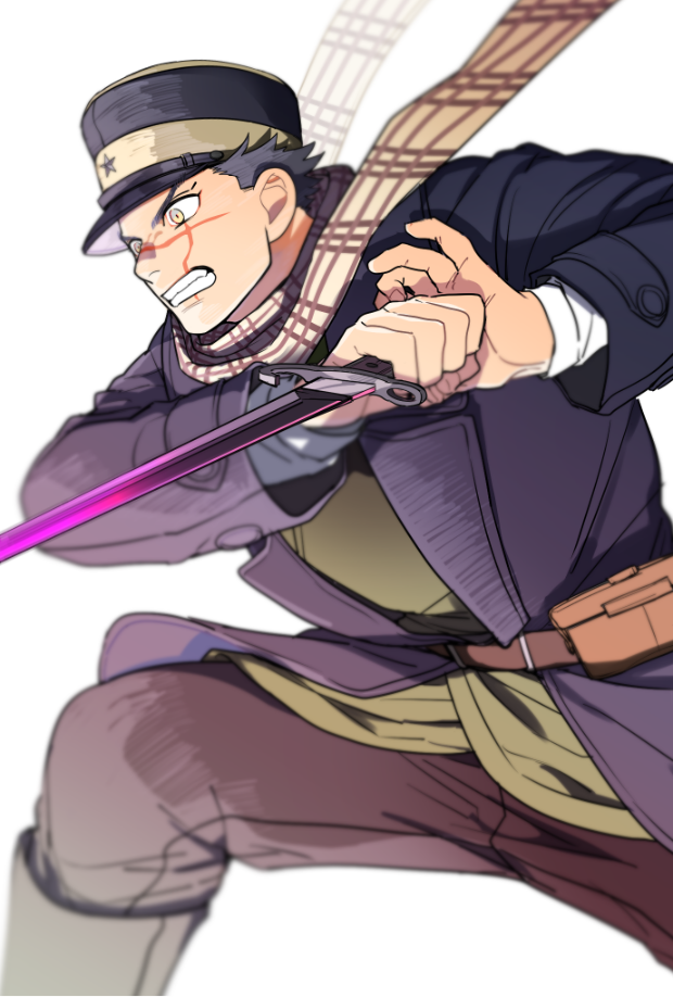 1boy, bayonet, belt, black_hair, black_headwear, blue_coat, boots, brown_belt