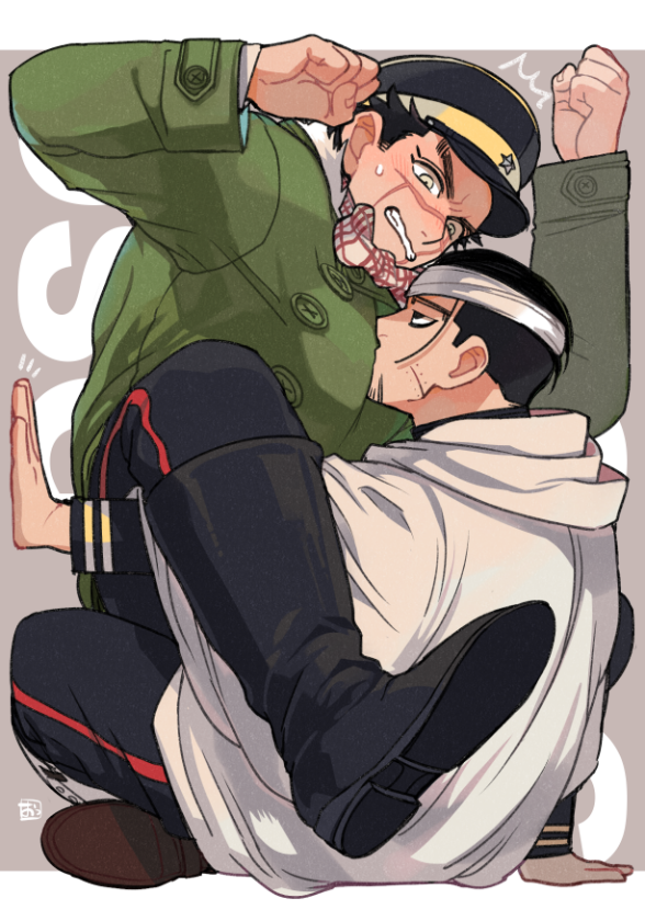 2boys, bandaged_head, bandages, black_eyes, black_footwear, black_hair, black_jacket, black_pants