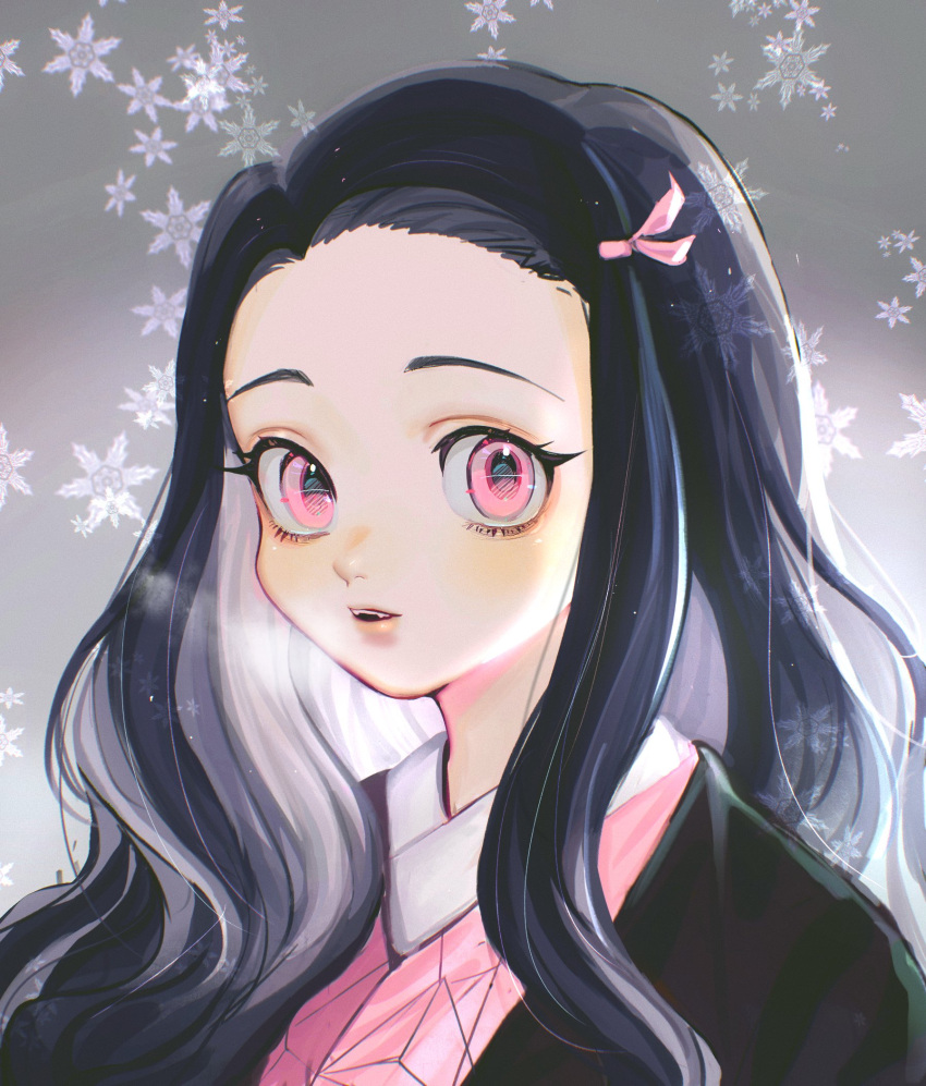 1girl, akiko_141, bangs, bit_gag, black_hair, blush, breath, face, forehead, gag, grey_hair, hair_ribbon, highres, japanese_clothes, kamado_nezuko, kimetsu_no_yaiba, kimono, lips, long_hair, looking_at_viewer, multicolored_hair, open_mouth, pale_skin, pink_eyes, pink_kimono, pink_ribbon, portrait, ribbon, snowflake_print, solo, upper_body, upper_teeth