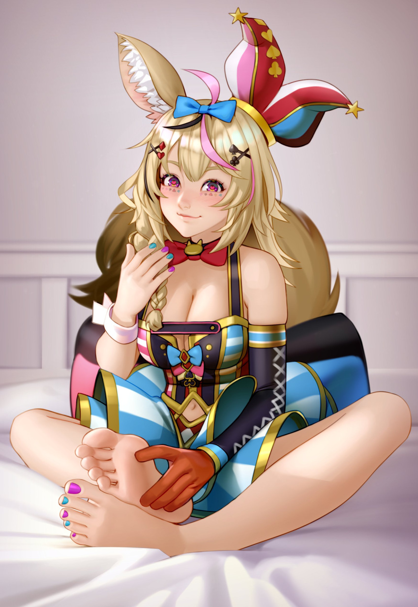 1girl, absurdres, animal_ear_fluff, animal_ears, bangs, bare_legs, bare_shoulders, barefoot