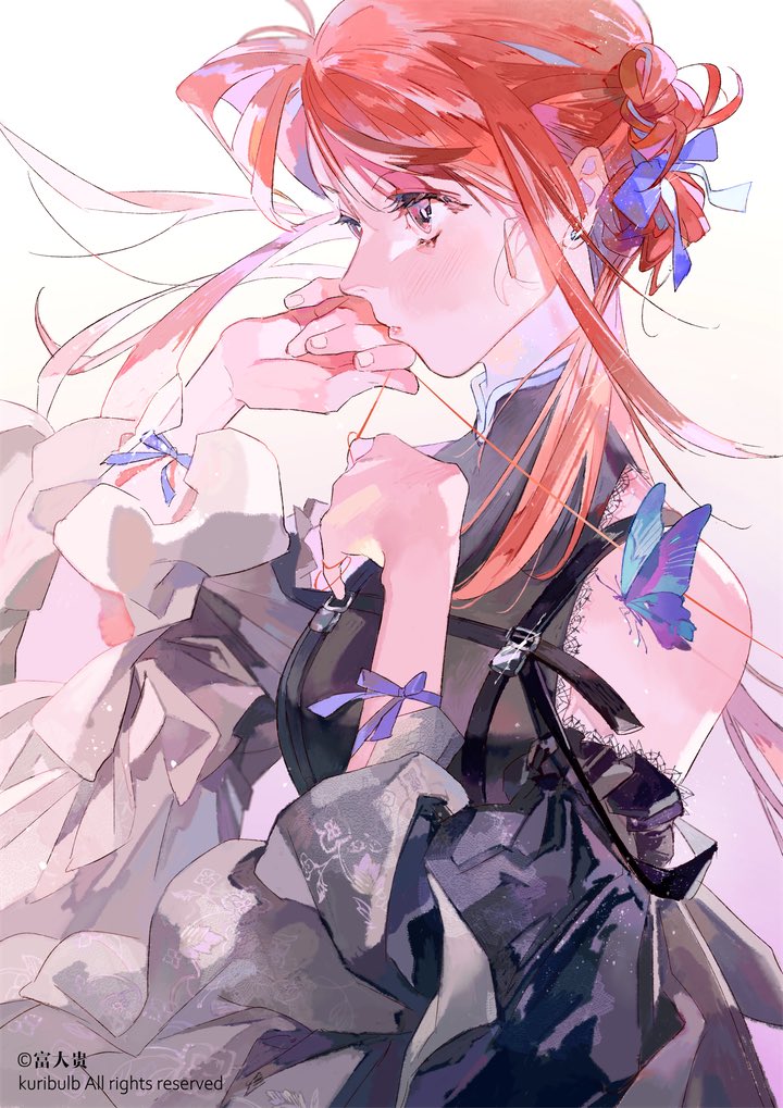 1girl, black_dress, black_ribbon, blue_butterfly, bug, butterfly, detached_sleeves, dress, earrings, hands_up, insect, jewelry, kuribulb, long_hair, original, profile, purple_ribbon, redhead, ribbon, solo, upper_body