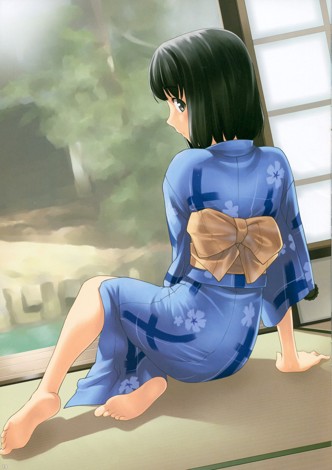 1girl, black_hair, blue_eyes, feet, fomalhaut, highres, japanese_clothes, kimi_kiss