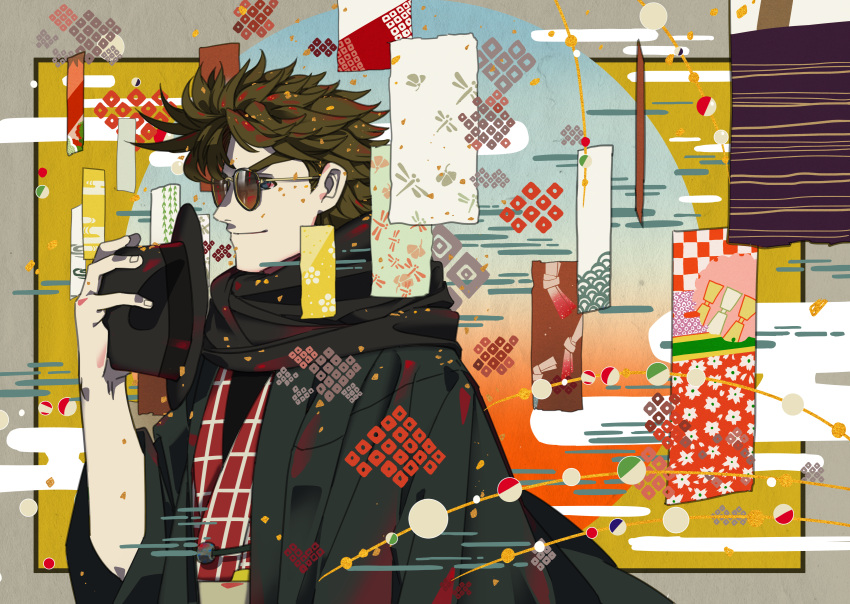 1boy, alternate_costume, battle_tendency, black_scarf, blue_eyes, brown_hair, closed_mouth, commentary_request