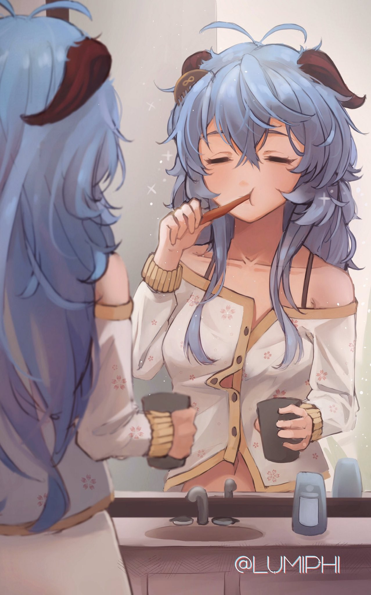 1girl, ahoge, artist_name, bare_shoulders, bathroom, blue_hair, bra_strap, brushing_teeth