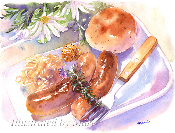 artist_name, bread, commentary_request, english_text, flower, flower_request, food, food_request, fork, marine-island, no_humans, original, sausage, signature, still_life, traditional_media, watercolor_(medium), white_flower