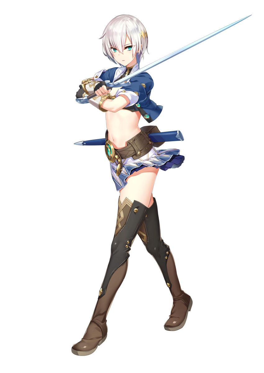 1girl, absurdres, bangs, belt, blue_eyes, boots, dahlia_(isekai_sakaba_no_sextet), fingerless_gloves, full_body, gloves, hair_ornament, highres, holding, holding_sword, holding_weapon, isekai_sakaba_no_sextet, looking_at_viewer, miniskirt, official_art, short_hair, short_sleeves, simple_background, skirt, solo, sword, thigh-highs, thigh_boots, weapon, white_background, white_hair