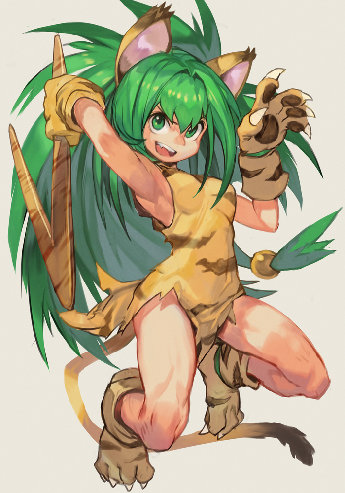 1girl, animal_print, big_hair, boomerang, breasts, cat_girl, cham_cham, fang