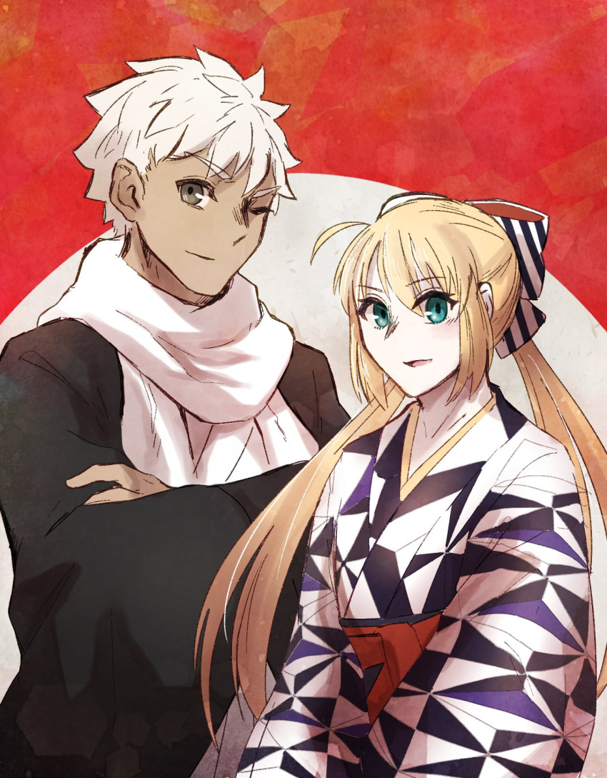 1boy, 1girl, ahoge, alternate_costume, artoria_pendragon_(all), artoria_pendragon_(caster), bangs, black_kimono