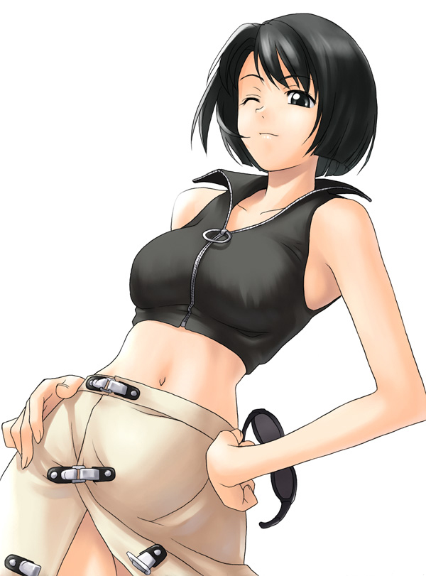black_hair, fomalhaut, glasses, holding, holding_glasses, holding_sunglasses, midriff, short_hair