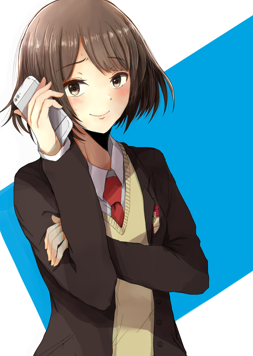 1girl, absurdres, bangs, blazer, blue_background, blush, brown_eyes, brown_hair