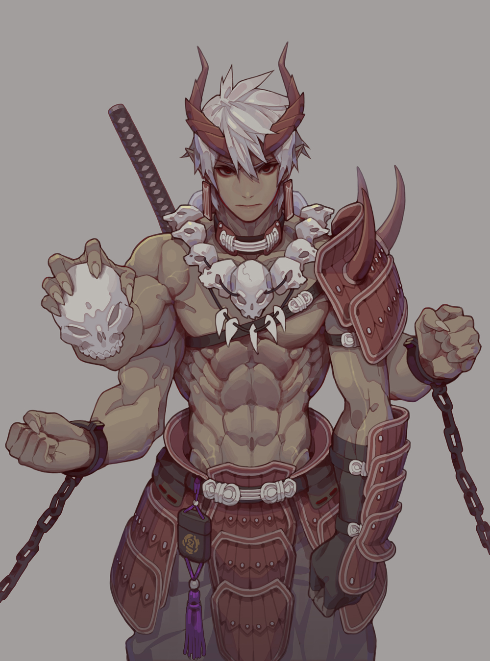 1boy, abs, arm_guards, armor, armored_skirt, bangs, black_gloves, black_pants, chain, chinese_commentary, closed_mouth, commentary_request, cowboy_shot, cuffs, dark_skin, dark_skinned_male, earrings, extra_arms, fingerless_gloves, gloves, grey_background, hair_between_eyes, highres, holding, holding_skull, horns, japanese_armor, jewelry, jokerpang, katana, looking_at_viewer, male_focus, original, pants, pauldrons, pointy_ears, red_eyes, shackles, short_hair, shoulder_armor, simple_background, single_glove, single_pauldron, skull, skull_necklace, solo, standing, sword, tan, toned, toned_male, tooth, tooth_necklace, weapon, white_hair