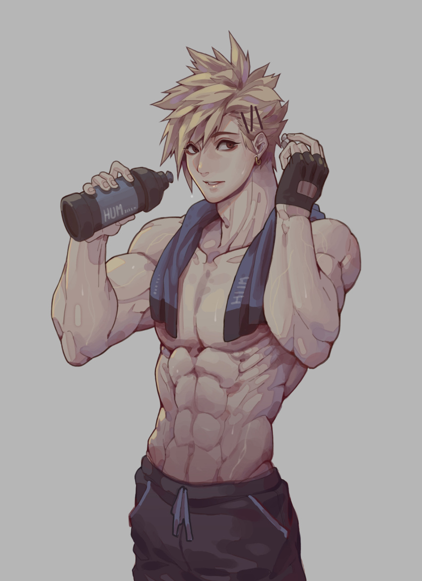 1boy, bangs, black_gloves, black_shorts, blonde_hair, blue_towel, blush, bottle