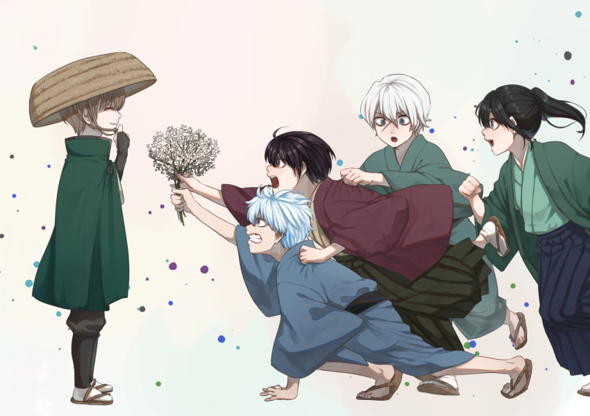 5boys, :d, ahoge, bangs, black_hair, black_hakama, blue_eyes, blue_hair