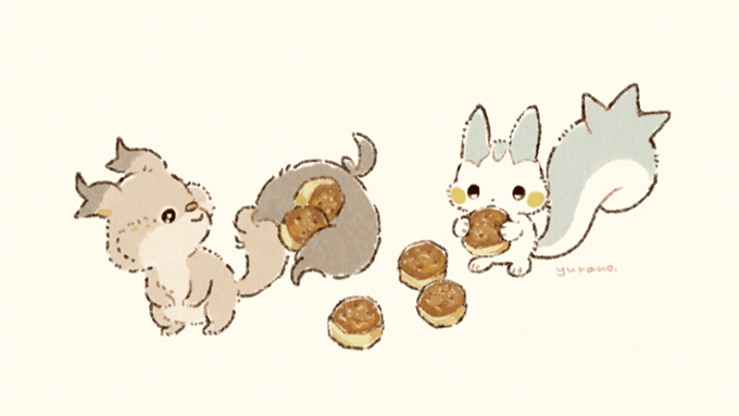 artist_name, beige_background, black_eyes, cheek_bulge, closed_mouth, commentary_request, eating, food