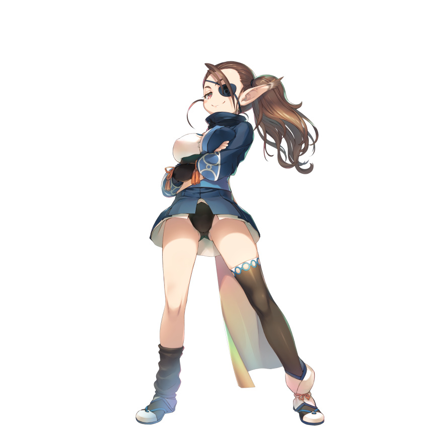 1girl, asymmetrical_legwear, black_panties, brown_eyes, crossed_arms, eyepatch, full_body, highres