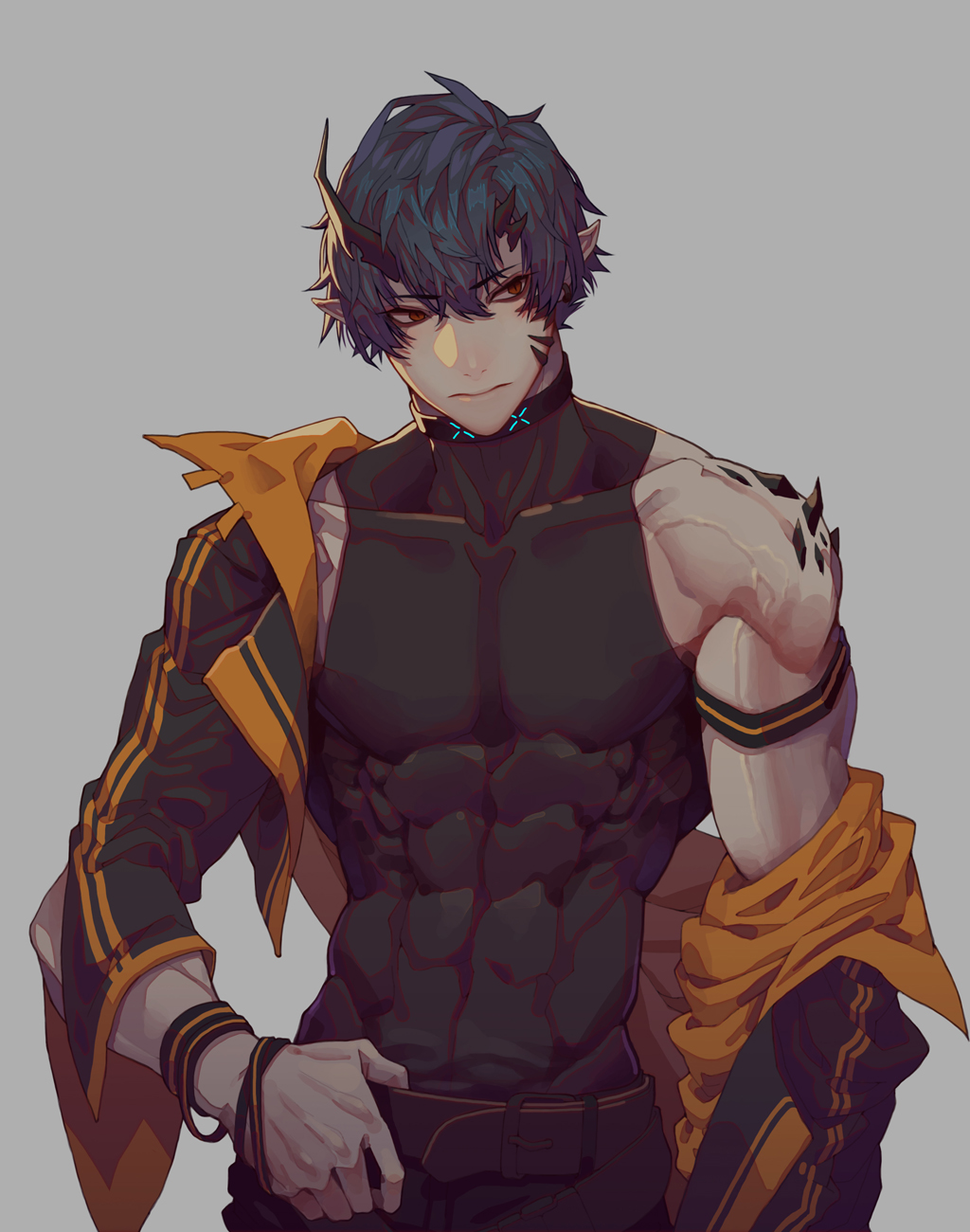 1boy, abs, arknights, bangs, belt, black_belt, black_hair, black_jacket