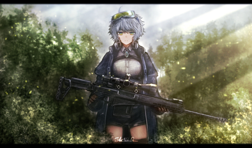 1girl, chukavin_svch, expressionless, girls_frontline, gloves, goggles, goggles_on_head, green_eyes