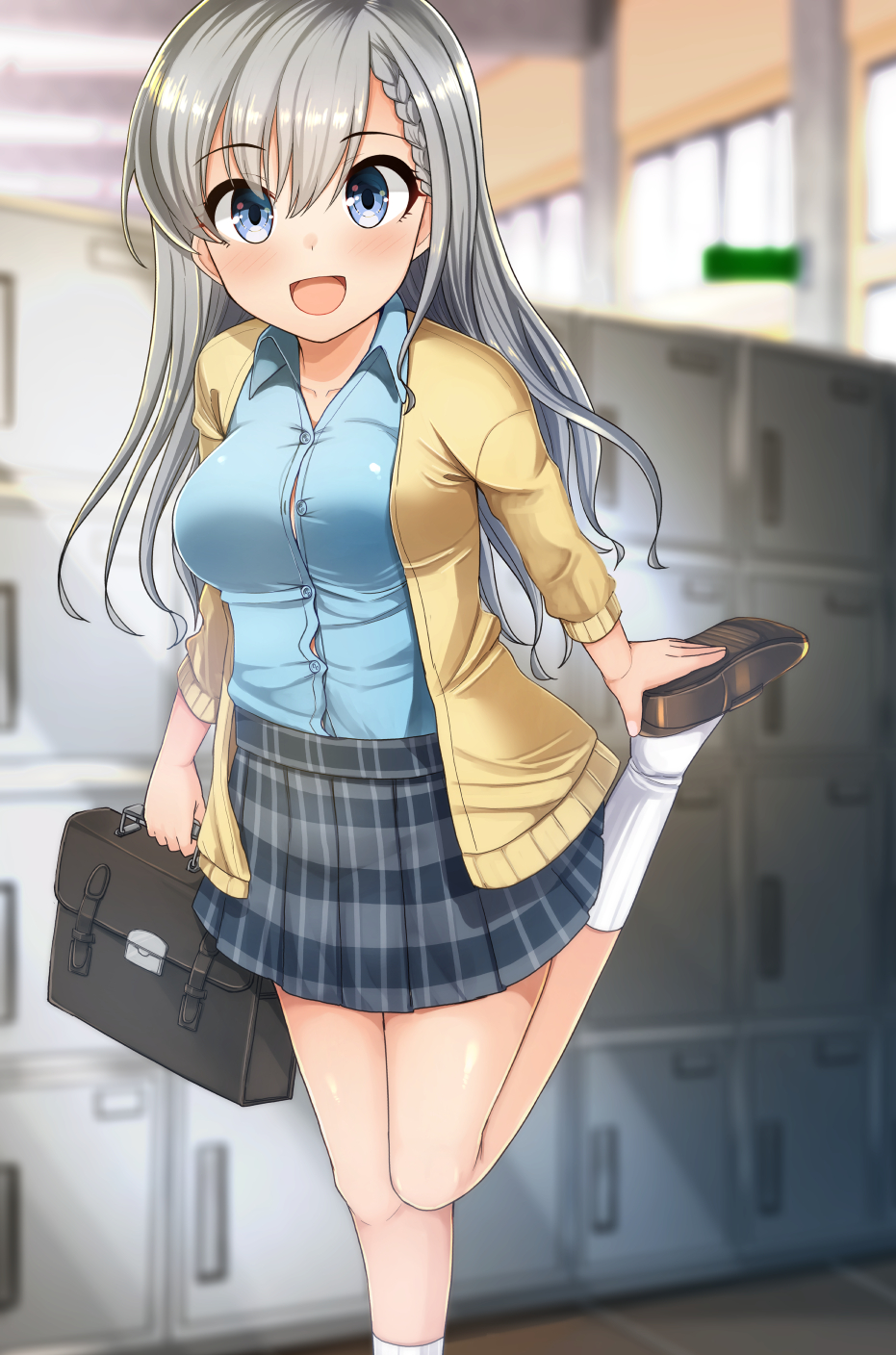 1girl, adjusting_footwear, bangs, blue_eyes, blue_shirt, blurry, blurry_background, braid