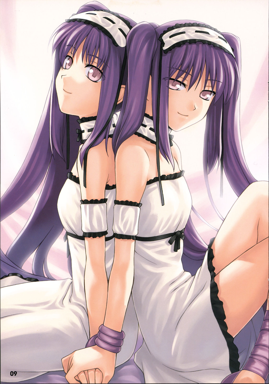 back_to_back, bare_shoulders, choker, euryale, fate/hollow_ataraxia, fate/stay_night, fate_(series), fomalhaut, hand_holding, highres, holding_hands, long_hair, pink_eyes, purple_eyes, purple_hair, sitting, stheno, tanaka_shoutarou, twintails, violet_eyes