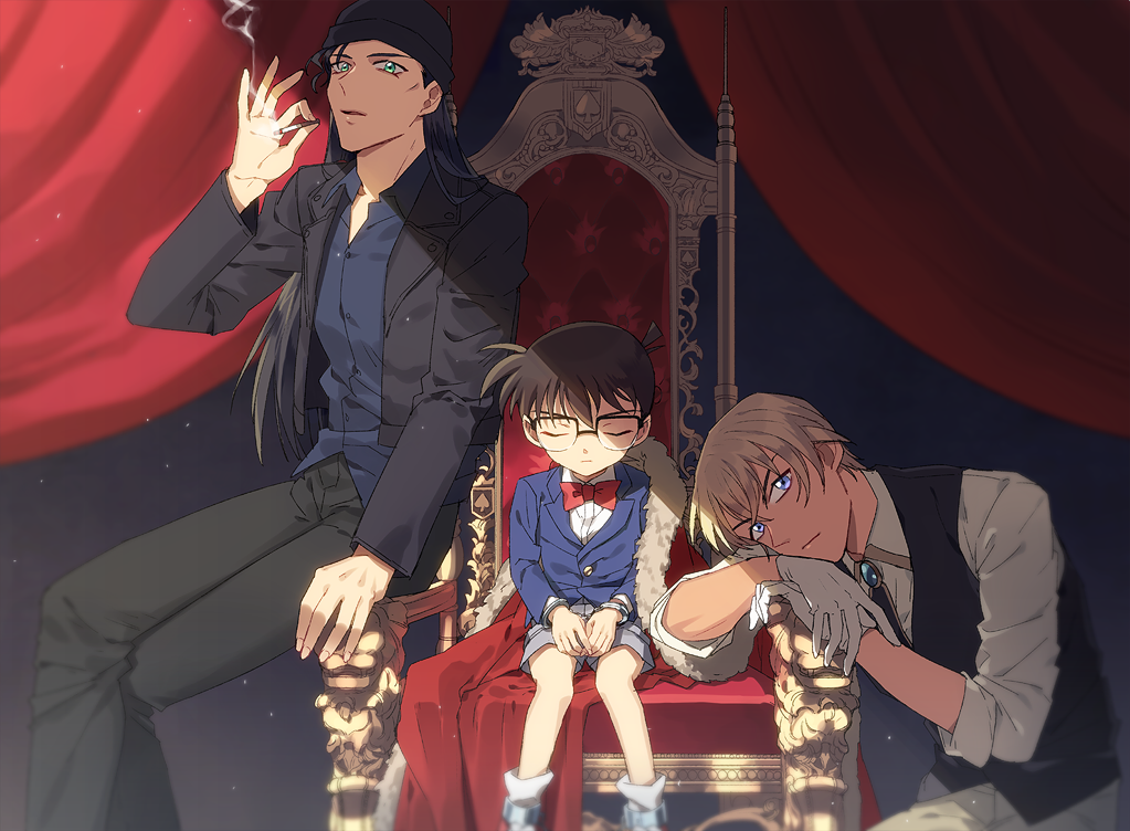 3boys, akai_shuuichi, amuro_tooru, bangs, beanie, black_hair, black_headwear, black_jacket