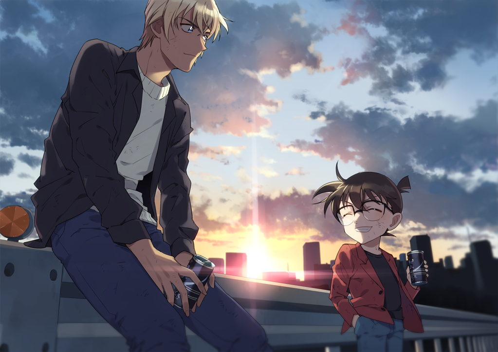 2boys, ^_^, amuro_tooru, bangs, black_jacket, black_shirt, blonde_hair, blue_eyes