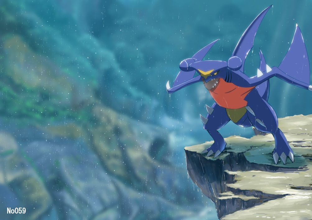 artist_name, black_sclera, blurry, claws, cliff, colored_sclera, commentary_request, garchomp