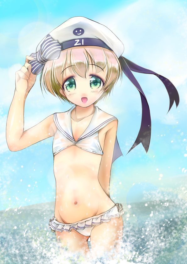 1girl, bikini, bikini_skirt, blonde_hair, clothes_writing, commentary_request, cowboy_shot, flat_chest