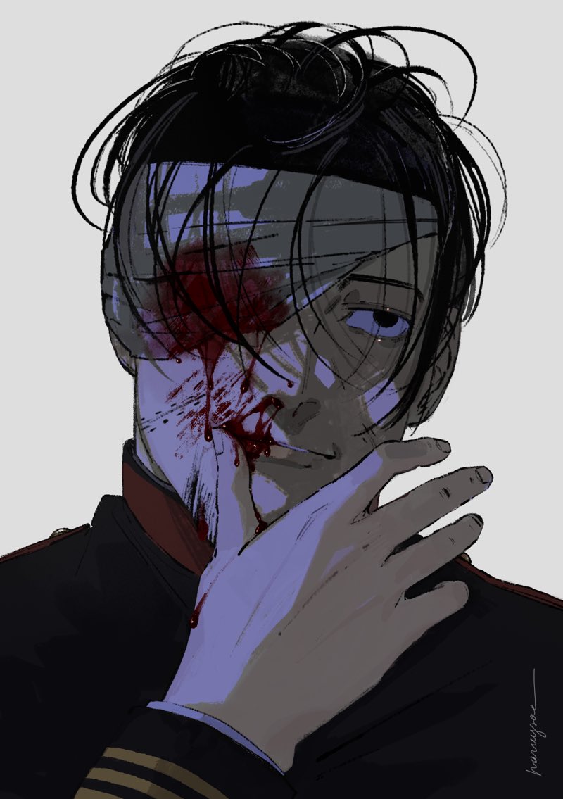 1boy, artist_name, bandaged_head, bandages, black_eyes, black_hair, black_jacket, blood