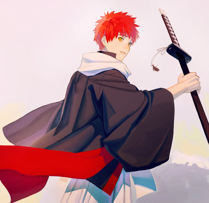 1boy, alternate_costume, black_kimono, fate/grand_order, fate_(series), from_side, highres, holding, holding_sword, holding_weapon, japanese_clothes, katana, kimono, looking_at_viewer, male_focus, parted_lips, redhead, scarf, sengo_muramasa_(fate), simple_background, solo, sumssingbo, sword, tassel, upper_body, weapon, white_scarf, wide_sleeves, yellow_eyes