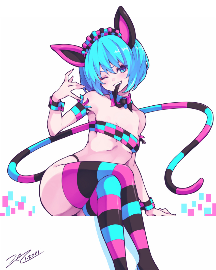 1girl, animal_ears, bare_shoulders, blue_hair, borrowed_character, breasts, clenched_teeth, commentary_request