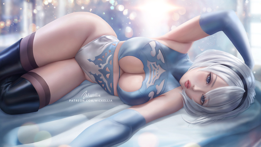 1girl, artist_name, black_hairband, black_legwear, blue_eyes, blue_gloves, breasts, commentary