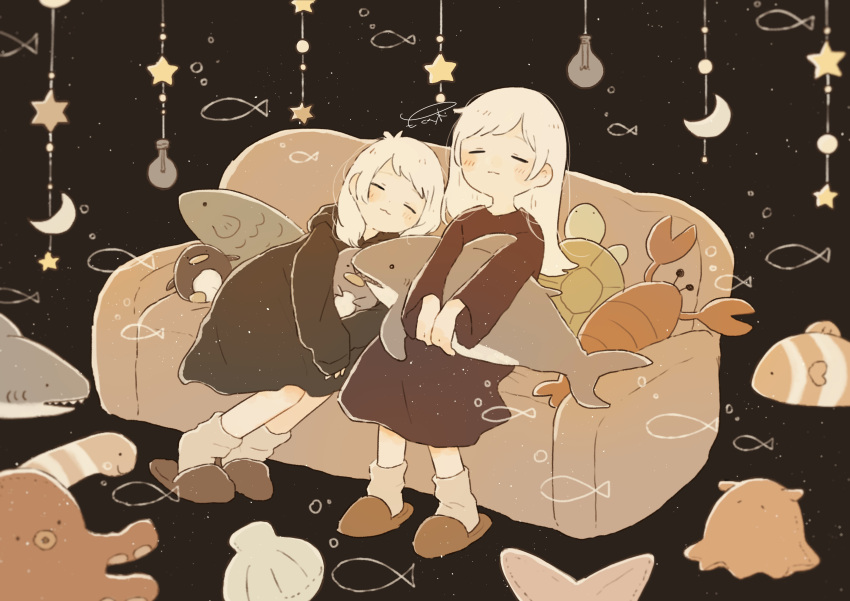 2girls, absurdres, black_dress, couch, dress, highres, long_hair, long_sleeves