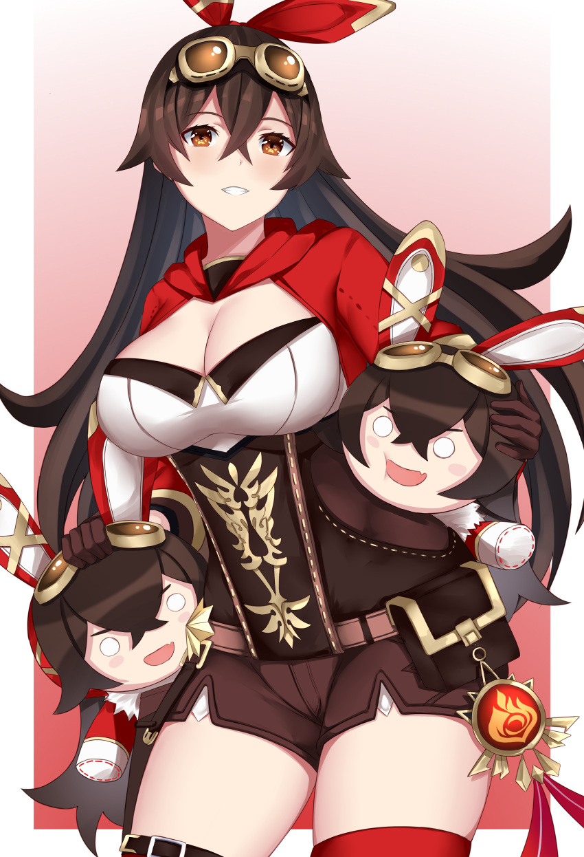 absurdres, amber_(genshin_impact), animal_ears, arind_yudha, bangs, baron_bunny, belt, breasts, brown_gloves, brown_hair, brown_shorts, commentary, cowboy_shot, crossed_bangs, genshin_impact, gloves, goggles, goggles_on_head, gradient, gradient_background, grin, hair_ribbon, highres, large_breasts, long_hair, looking_at_viewer, pink_background, pouch, rabbit_ears, red_legwear, red_ribbon, ribbon, short_shorts, shorts, shrug_(clothing), smile, thighs, vision_(genshin_impact)