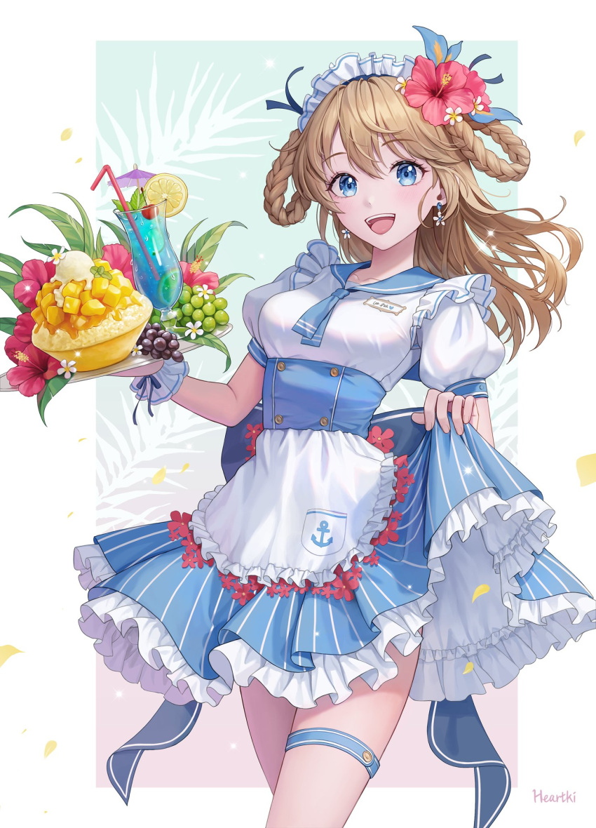 1girl, :d, anchor_print, anchor_symbol, apron, artist_name, ascot, blue_dress