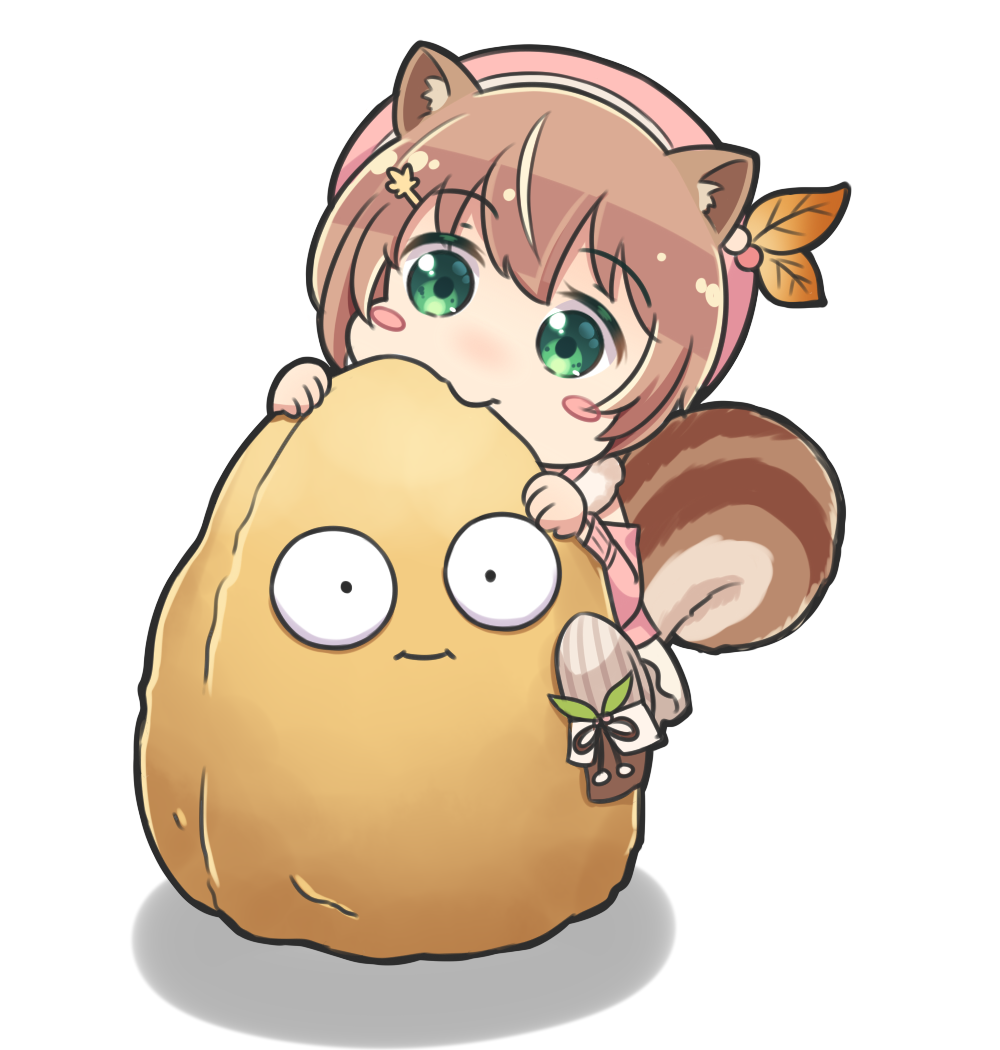 1girl, animal_ears, ayunda_risu, blush_stickers, brown_hair, eyebrows_visible_through_hair, green_eyes, hair_ornament
