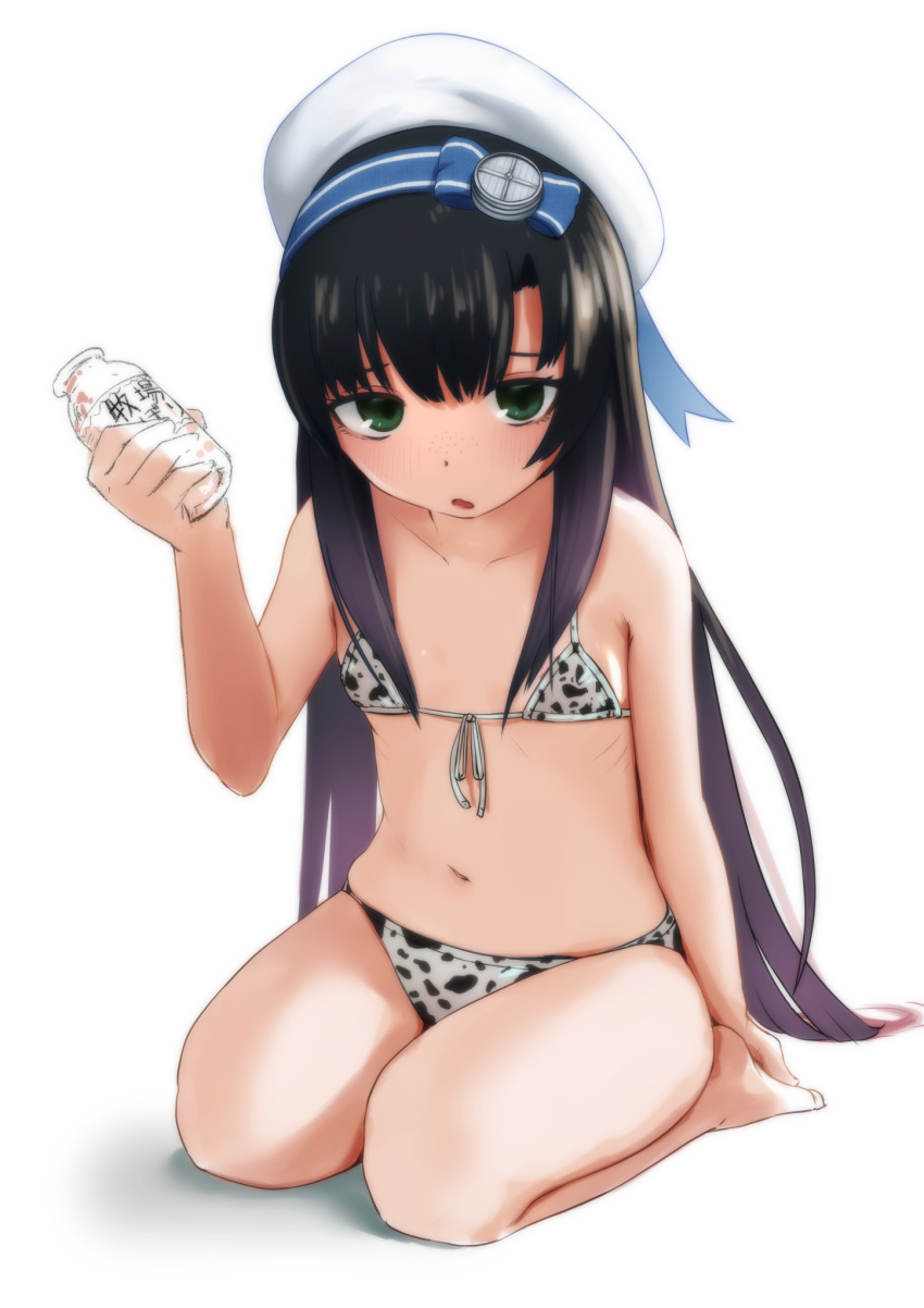1girl, alternate_costume, animal_print, bare_arms, bare_legs, bare_shoulders, barefoot, bikini, black_eyes, black_hair, blue_hairband, blush, bottle, chinese_zodiac, collarbone, commentary_request, cow_print, eyebrows_visible_through_hair, flat_chest, freckles, front-tie_bikini, front-tie_top, gradient_hair, green_eyes, hairband, hat, highres, kantai_collection, long_hair, matsuwa_(kantai_collection), milk, milk_bottle, multicolored_hair, navel, print_bikini, sailor_hat, sakieko, seiza, simple_background, sitting, solo, string_bikini, swimsuit, white_background, white_bikini, white_headwear, year_of_the_ox