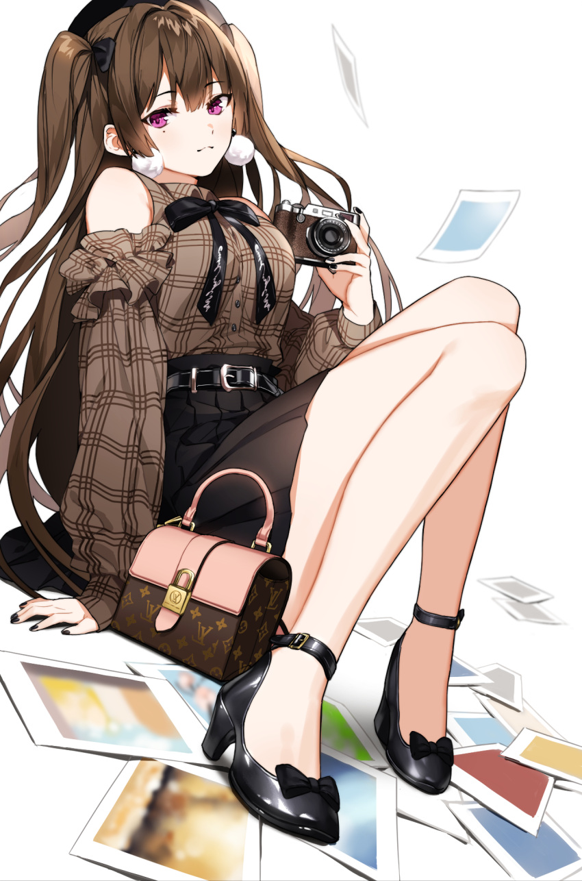 1girl, arm_support, bag, bare_shoulders, belt, beret, black_headwear, black_neckwear