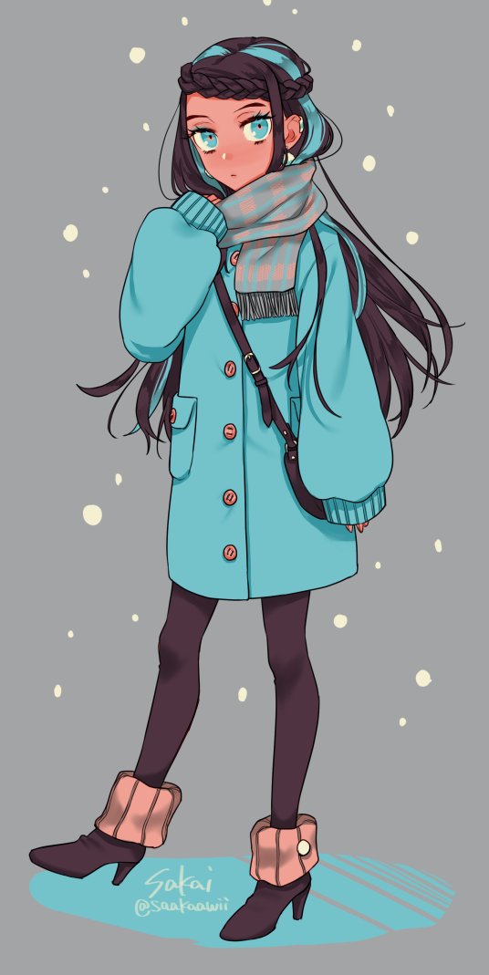 1girl, alternate_costume, aqua_coat, aqua_eyes, aqua_hair, artist_name, bag, black_hair