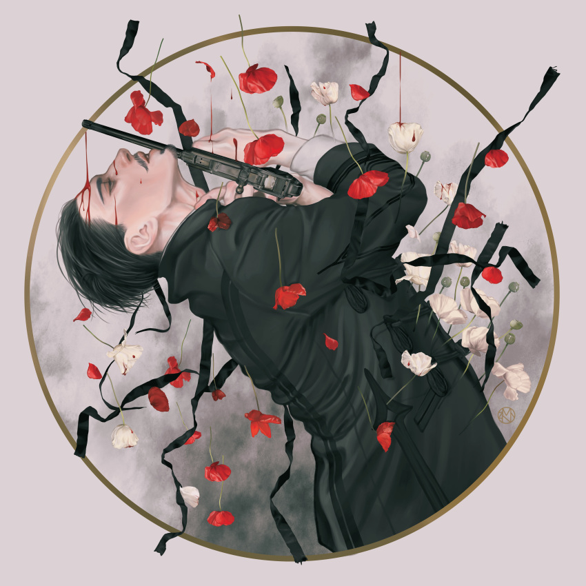 1boy, black_eyes, black_hair, black_jacket, blood, blood_on_face, collar, collared_jacket