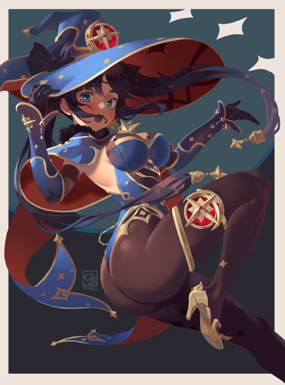 1girl, aqua_eyes, ass, bangs, bare_shoulders, black_gloves, black_hair, blue_cape