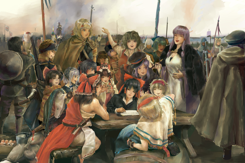 6+boys, 6+girls, ak-47, akira_(cookie), alice_margatroid, alternate_costume, animal_ears, annyui_(cookie), armor, asatsuki_(cookie), assault_rifle, bandaid, bandaid_on_nose, bangs, banner, barrel, bench, benikurage_(cookie), black_footwear, black_gloves, black_hair, black_headwear, black_jacket, blazer, blonde_hair, blue_bow, blue_dress, blue_eyes, blue_hair, blush, boat, boots, bow, braid, brooch, brown_cloak, brown_coat, brown_gloves, brown_hair, brown_vest, burning, burning_at_the_stake, cape, capelet, chainmail, chibi, cirno, cloak, closed_eyes, closed_mouth, coat, collared_shirt, commentary_request, cookie_(touhou), cup, dagger, day, dress, eating, egg, faceless, faceless_female, faceless_male, fine_art_parody, fingerless_gloves, fire, fish, flour, food_themed_hair_ornament, frilled_bow, frills, full_body, fur_cape, gauntlets, genpatsu_(cookie), gloves, go_(inmu), green_hair, green_headwear, gun, hair_between_eyes, hair_bow, hair_ornament, hair_tubes, hairband, hakurei_reimu, happy, hat, hazuna_rio, head_scarf, headband, highres, hisui_(cookie), holding, holding_gun, holding_pen, holding_spear, holding_weapon, ichigo_(cookie), inkwell, inubashiri_momiji, izayoi_sakuya, jacket, jewelry, jigen_(cookie), kanna_(cookie), kazami_yuuka, kirisame_marisa, konpaku_youmu, laughing, leaning_forward, long_hair, long_sleeves, looking_at_another, looking_back, looking_to_the_side, manatsu_no_yo_no_inmu, mask, medium_hair, milk, multiple_boys, multiple_girls, musket, open_mouth, outdoors, paper, parody, parted_bangs, patchouli_knowledge, peaked_cap, pen, pointing, pointing_at_another, polearm, pouch, purple_hair, rabbit_ears, red_bow, red_dress, red_eyes, red_hairband, red_headwear, red_scarf, red_vest, reisen_udongein_inaba, reply_of_the_zaporozhian_cossacks, restrained, reu_(cookie), rifle, rurima_(cookie), sack, sakenomi_(cookie), sakuranbou_(cookie), sananana_(cookie), sandals, sarashi, scarf, shirt, short_hair, short_sleeves, sidelocks, signing, sitting, skirt, spear, standing, strawberry_hair_ornament, striped, striped_scarf, suzu_(cookie), table, taisa_(cookie), tokin_hat, torch, touhou, triangle_mouth, twin_braids, ukhqok, upper_teeth, vest, water, watercraft, waving, weapon, white_capelet, white_dress, white_hair, white_shirt, white_skirt, white_sleeves, witch_hat, wolf_ears, yellow_scarf, yunomi