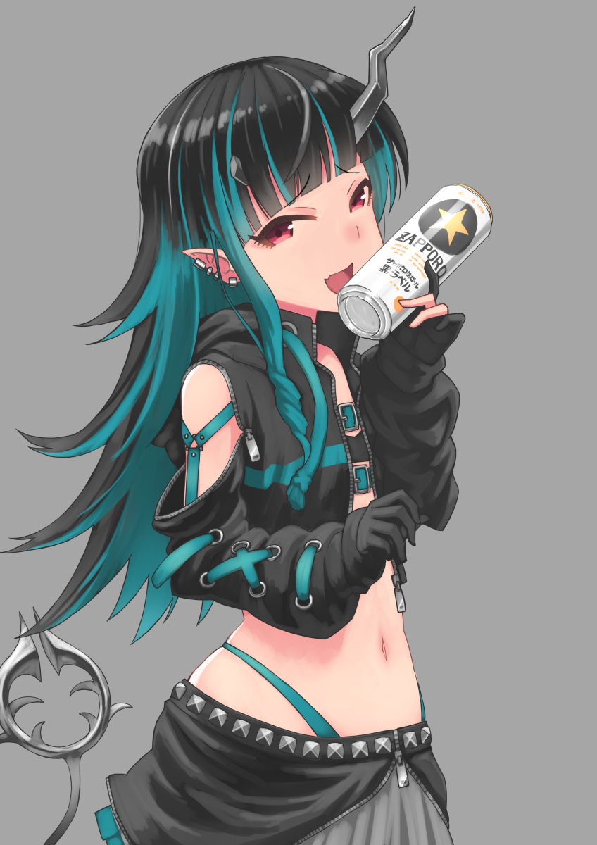 1girl, bangs, beer_can, black_gloves, black_hair, black_jacket, black_skirt, blue_hair
