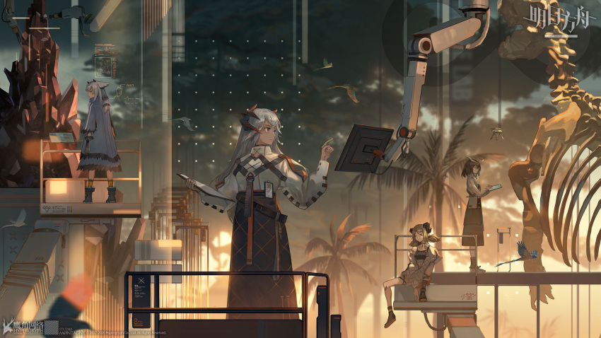 4girls, arknights, bangs, bird, blonde_hair, brown_hair, dinosaur, glasses